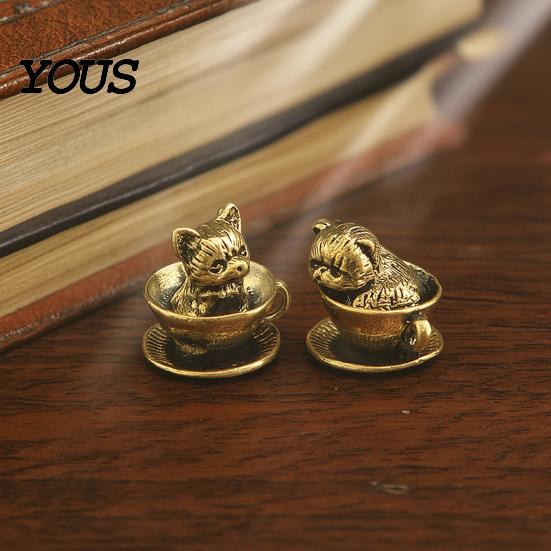Unique Gifts for Cat Lovers Miniature Teacup Statue, Cute Brass Dog Figurine, Artistic Home Office Desk Decor Collectable Animal DIY Craft,