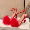 Fashion Eilyken Design Fuzzy Feather Buckle Strap Sandals Womens Fashion Summer Strange High Heels Sexy Wedding Stripper Party Shoes