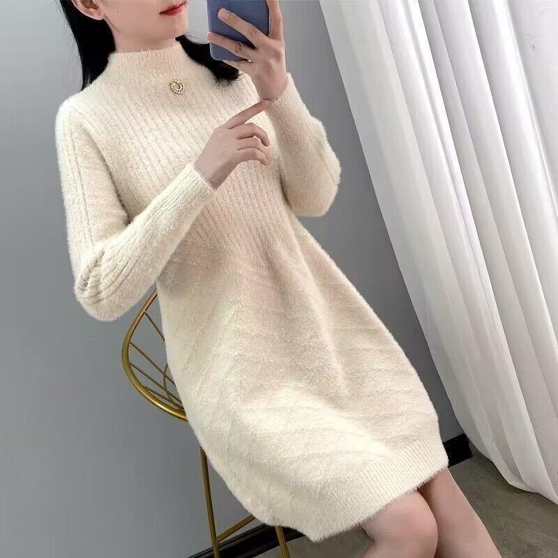 

Loose Mid-length Knitted Sweater with Mink Fur Imitation for Women Solid-color Casual Half Turtleneck Pullover for Autumn and Winter S бежевый