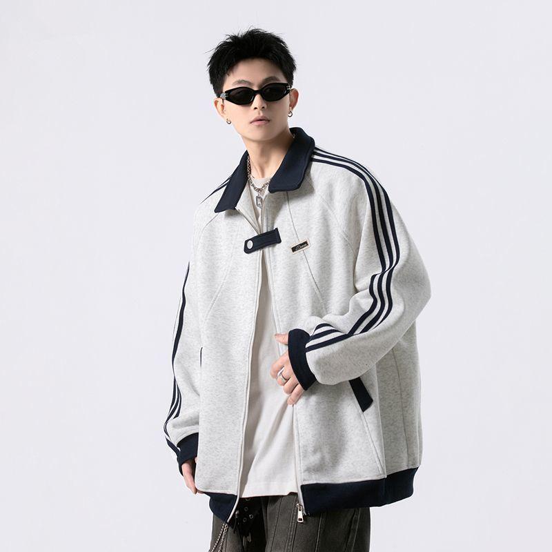 

Men s Plus Size American Three-Stripes Patchwork Baseball Jacket - Autumn Heavyweight Trendy Sportswear Outerwear 2XL (145-160 jin) сірий колір