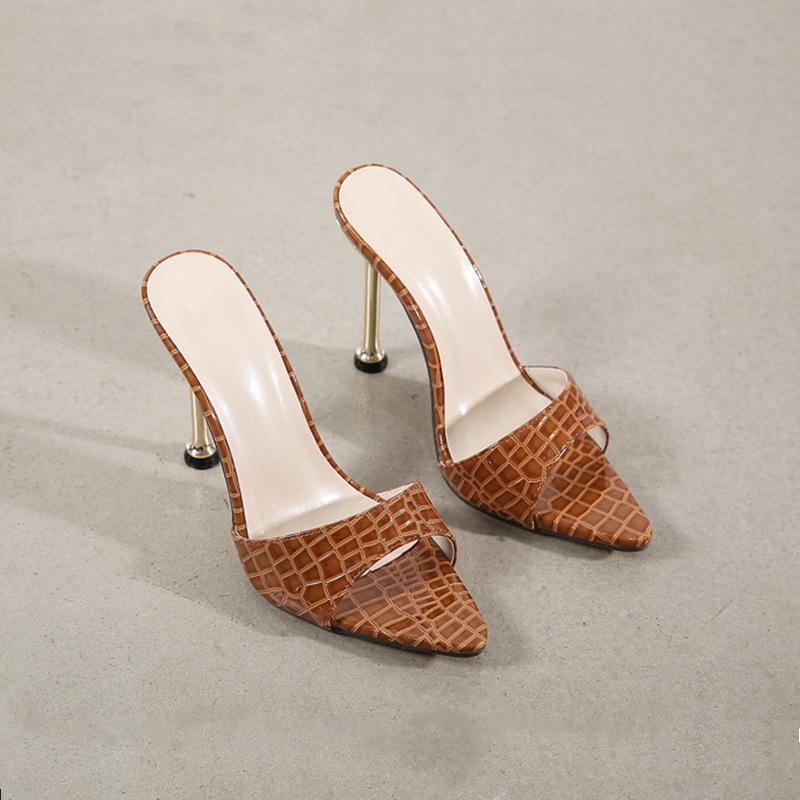 Summer Women Slippers Snake Sexy Pointed Toe High Heel Slippers Metal Decor Party Shoes Outdoor Fashion Large Size Female Shoe