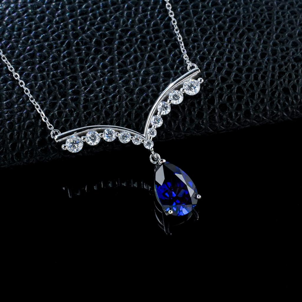 V-shaped S925 Sterling Silver Pendant Necklace with Cubic Zirconia & Sapphire Water Drop for Evening Wear and Birthdays