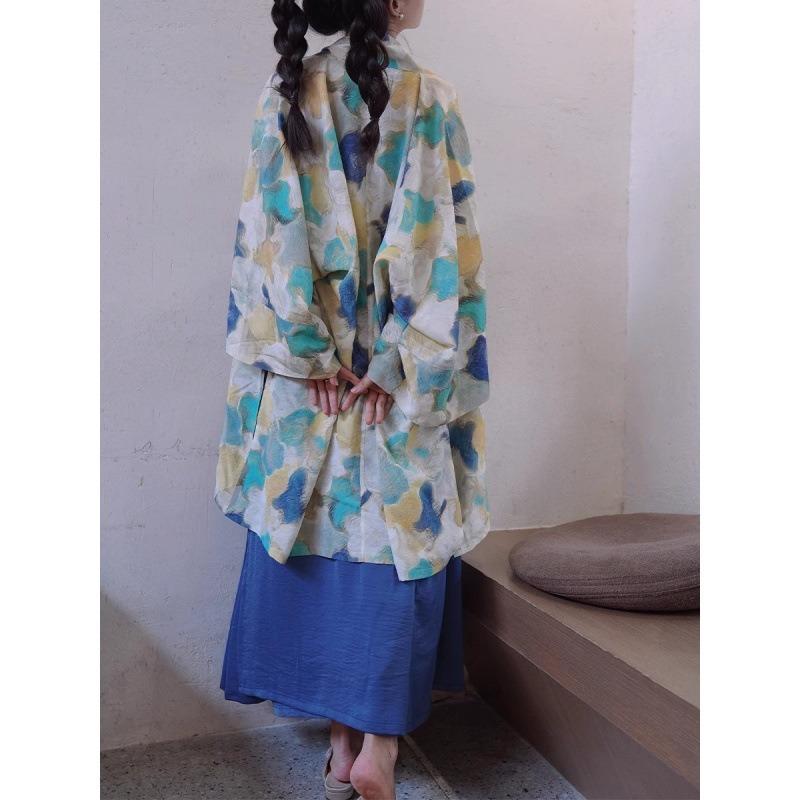 Spring and Autumn Retro Chinese Style Hanfu Modified Shirt Loose Plus Size Women's Printed Pair-breasted Wide-sleeved Shawl Long Shirt Top