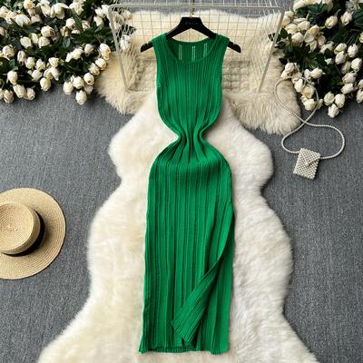 Grün Neue Sommer Stricken Sexy Strap Kleid Frauen Tank Elatic Taille Bodycon Sommerkleid Weibliche Strand Split Maxi Langes Kleid