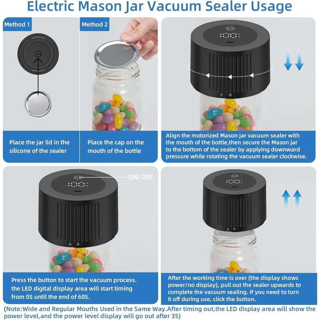 Electric Mason Jar Vacuum Sealer Kit,Rechargeable Ball Jar Sealer Vacuum for Regular Mouth and Wide Mouth Mason Jars,Used for Canning Jars