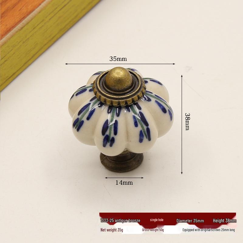 Hand-Painted Pastoral Blue and White Ceramic Pumpkin Drawer Pull