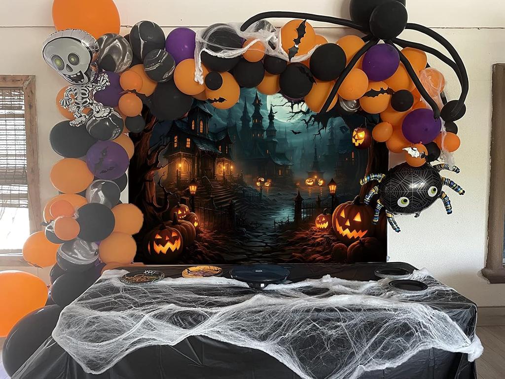 Halloween Photography Backdrop Scary Night Castle Full Moon Hallowmas Pumpkins Party Background for Child Kids Halloween