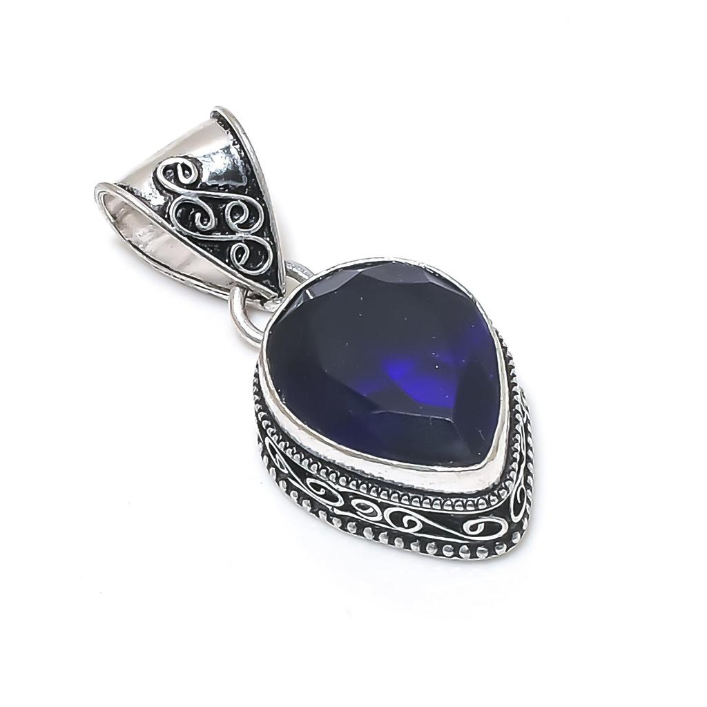 Unique Blue Sapphire Gemstone Silver Pendant in 925 Sterling Silver - Handmade Pear Design, Everyday Wear Jewelry Anniversary Gift