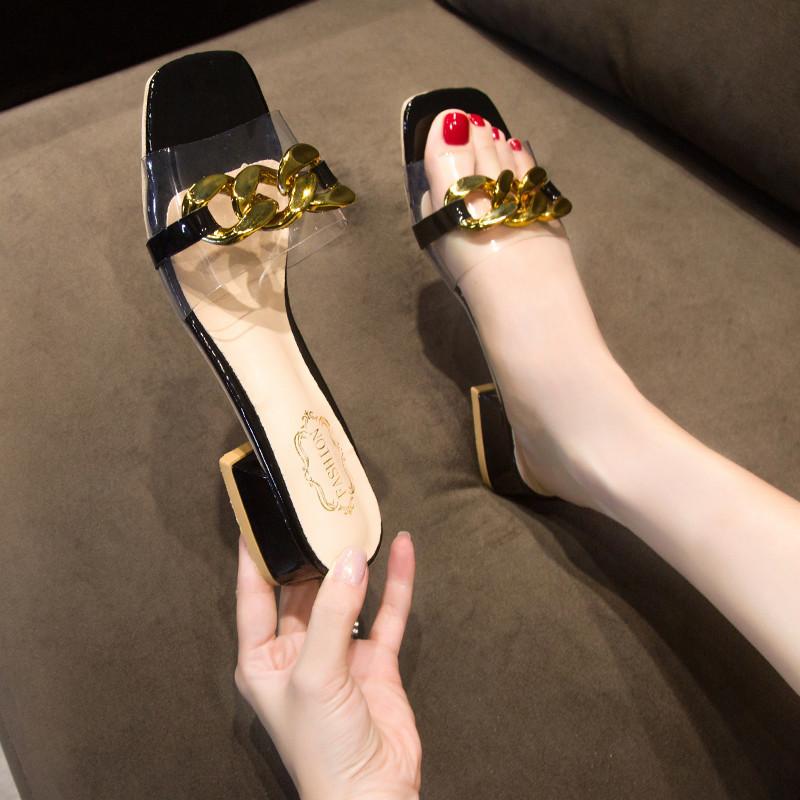 

2024 летняя мода новинка интернет знаменитости средний каблук толстый каблук летние полутапочки носить ленивый высокий каблук крутые тапочки женщины 34 чёрный