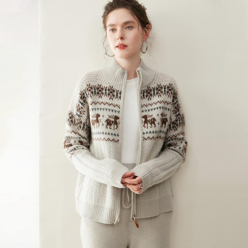 Cárdigan de cachemir con cremallera y jacquard para mujer Otoño/Invierno 2026 con cuello semi-alto