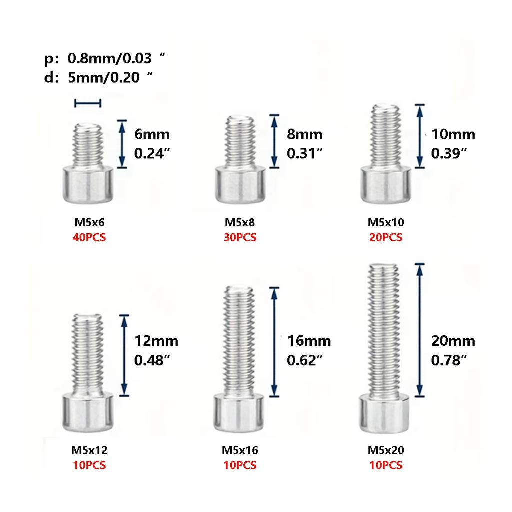 120pcs/Box 210 Stainless Steel Inner Hex Screw M5*6 M5*8 M5*10 M5*12 M5*16 M5*20 Cylindrical Head Stud Mountain Bike Frame