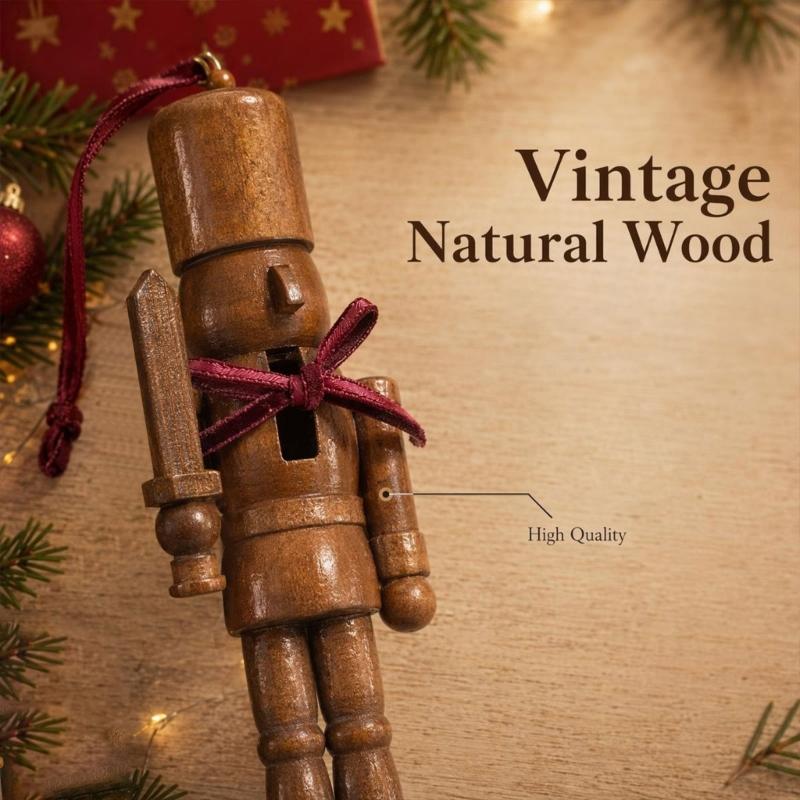 Mini Wooden Hanging Figure for Christmas Tree Display, Seasonal Figure with Ribbon Detail and Ready String for Wreath, Gift, and Shelf Use