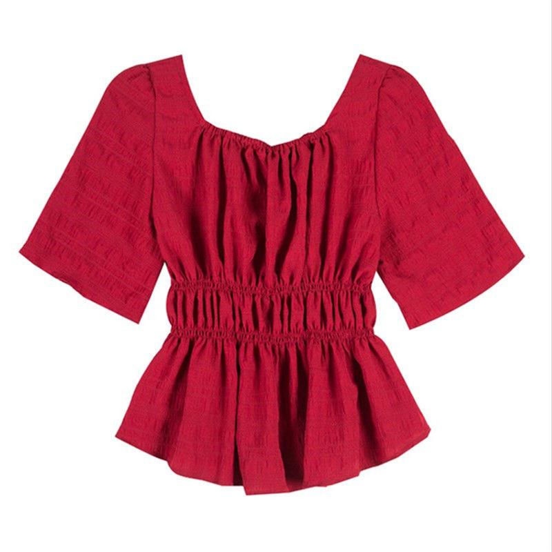 New 2022 Summer Vintage Elegant Women Chiffon Blouses Casual Mid Sleeve Blusas Femme Spuare Collar Solid Shirts Female Tops