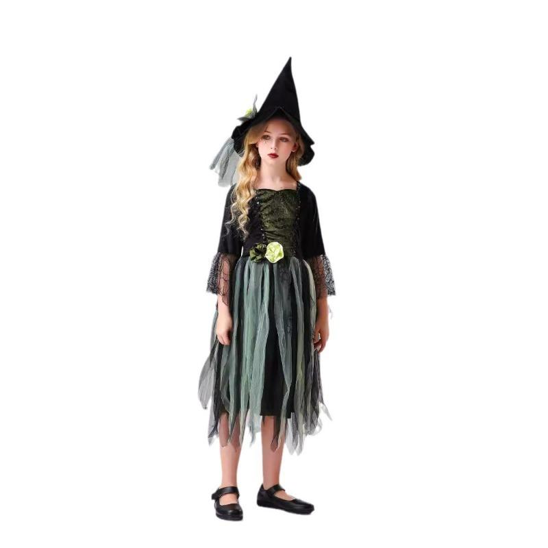 Halloween Party Adult Children Stage Show Green Mesh Witch Dress Parent-Child Costume