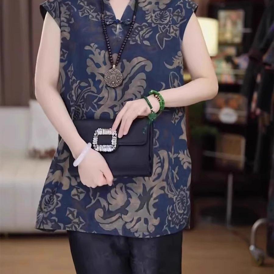 Top Women's Outer Short Sleeve Shirt Women's Summer Mom Printed Improved Cheongsam