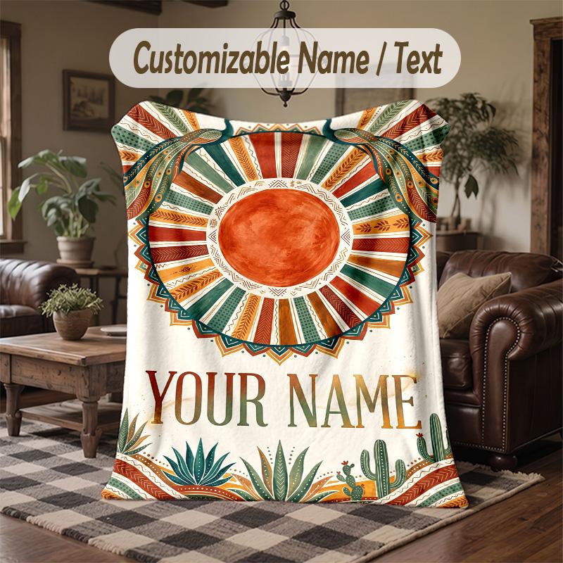Desert Roses Cacti Theme Throw Blanket Custom Name Text Personalized Blanket Soft Cozy Blanket for Home Sofa Bed