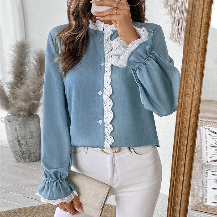 Spring Autumn Elegant Lacework Shirt Top for Women with Ruffles and Lantern Sleeve In Solid Color