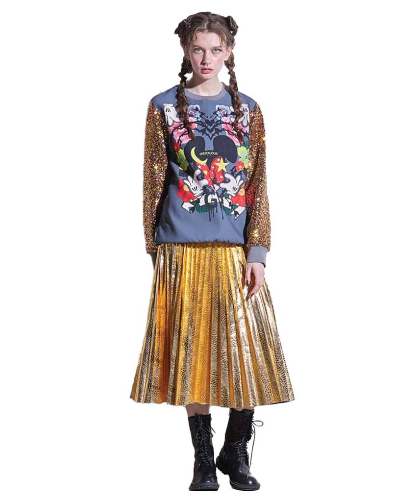 Greedius Gold Crocodile Pattern Pleated Skirt