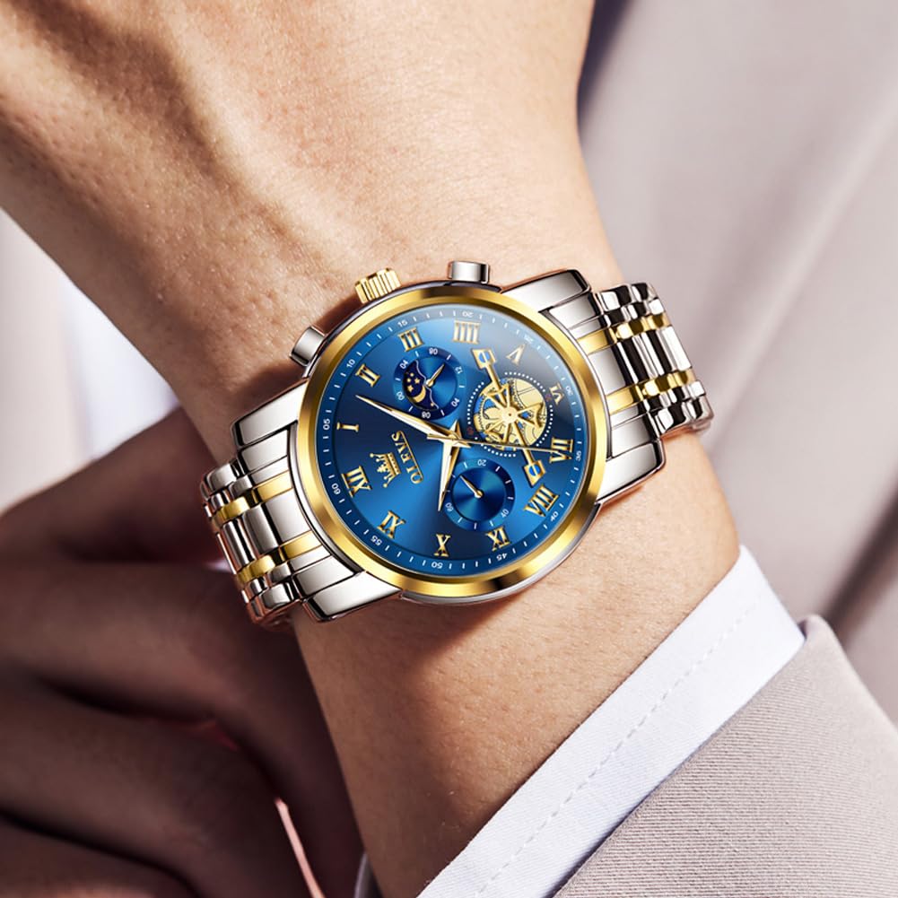 OLEVS Men's Stylish Chronograph Watch, Popular Brand for Business, Large, Easy-to-Read Analog, Waterproof Quartz Movement, Blue