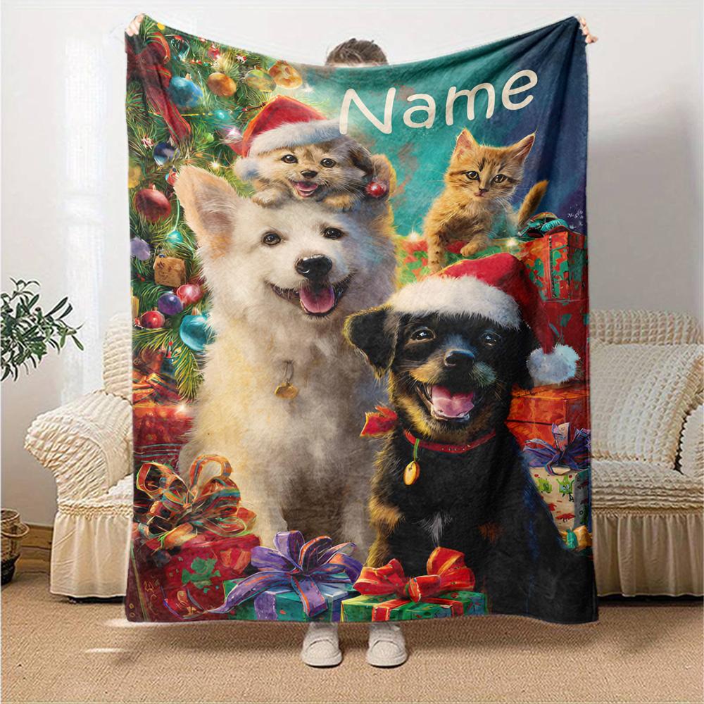 Custom Name Christmas Dog Theme Printed Blanket - Perfect for Couch, Bed, Travel & Outdoor Use | Machine Washable, Cozy & Durable.