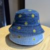 New casual denim fisherman hat for women, Korean style trendy smiley face embroidery, versatile bucket hat with small brim for sun protection