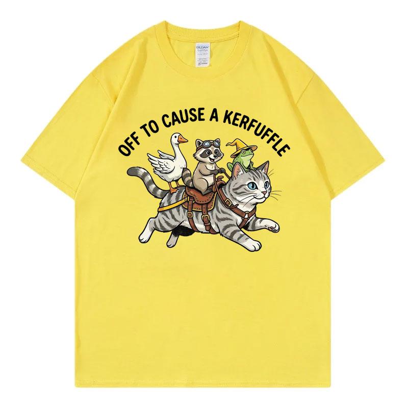 Off To Cause A Kerfuffle Funny Meme TShirt Frog Raccoon Goose Riding Cat Graphic T Shirts Unisex Unisex Fashion Cartoon TShirts
