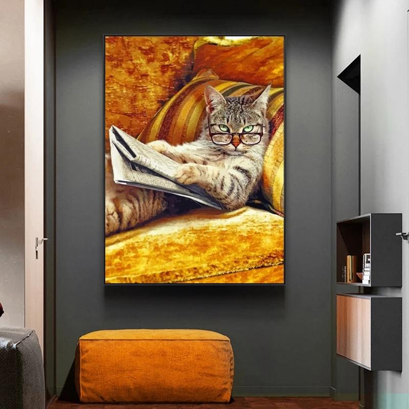 Abstrakt Zvíře Kočka Číst noviny Malba na plátně Moderní Plakáty a grafiky Nástěnný obraz do obývacího pokoje Nástěnná dekorace Cuadros