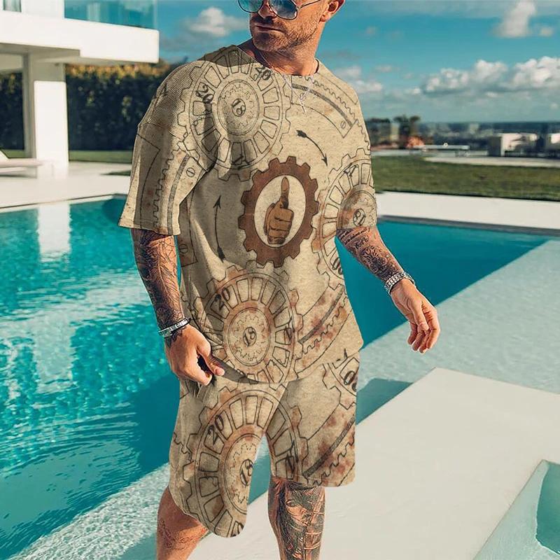 Summer Men 3D Printed Compass Casual Luxury T-Shirt Shorts Set Tracksuit Male 2 Pieces Fashion Outfit Man Clothing Jogging Suit