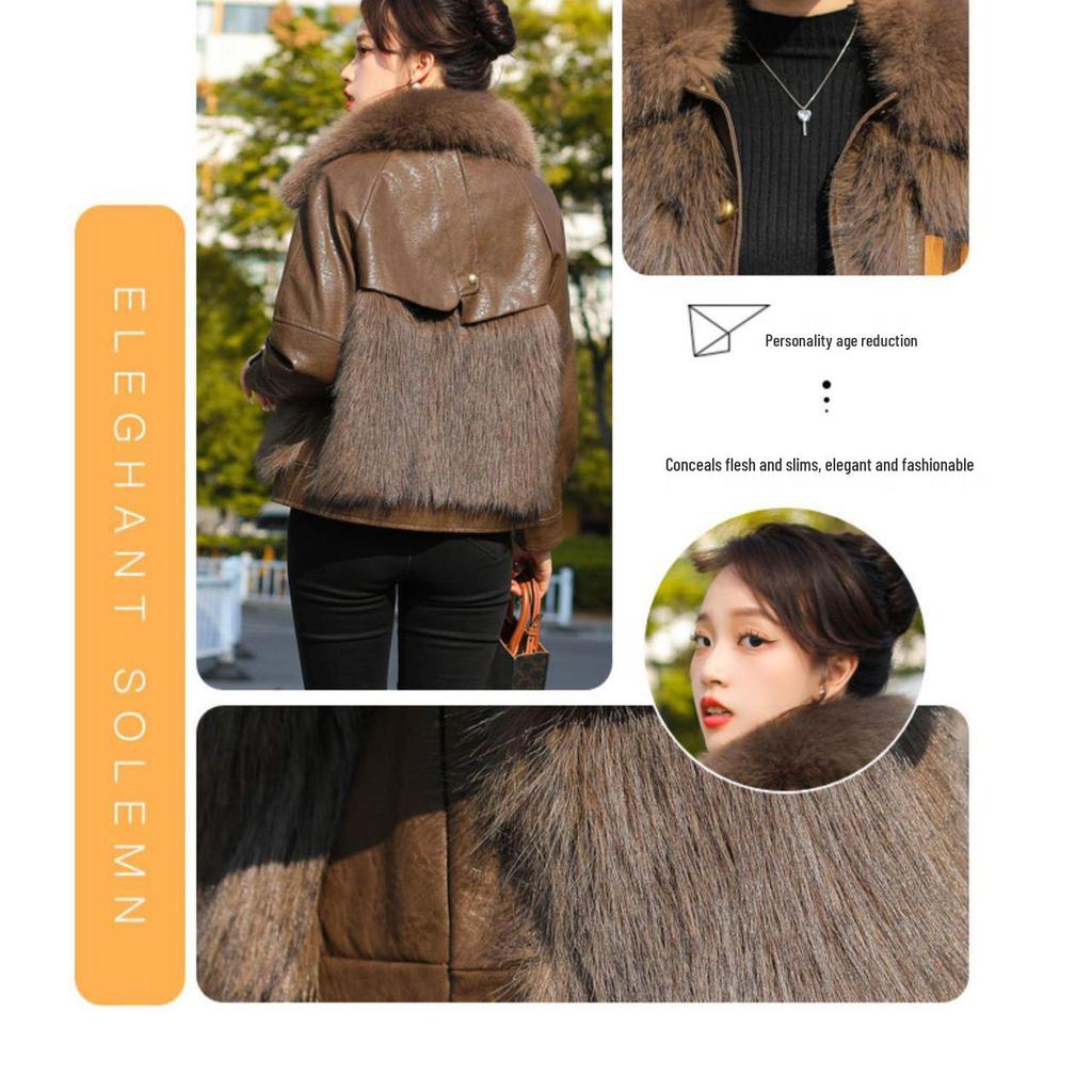 Women's Fashionable Faux Fur & Leather Jacket with Cotton Lining