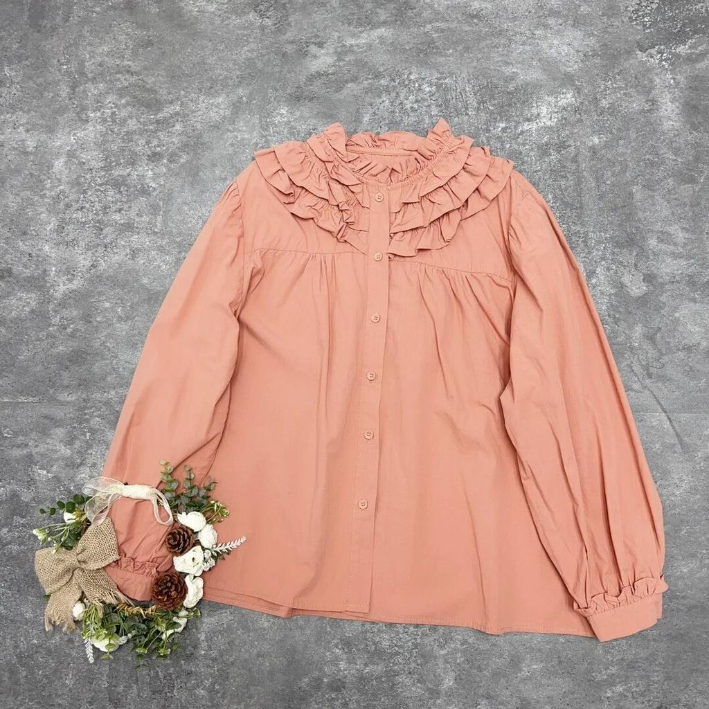 Johnature Japanese Fungus Collared Shirt Mori Women French Long-sleeved Loose Solid Color Casual Vintage Cotton Shirts