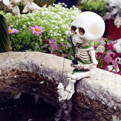 Funny Small Skeleton Fishing Sitter Resin Statues Ornaments for Home Garden Decor