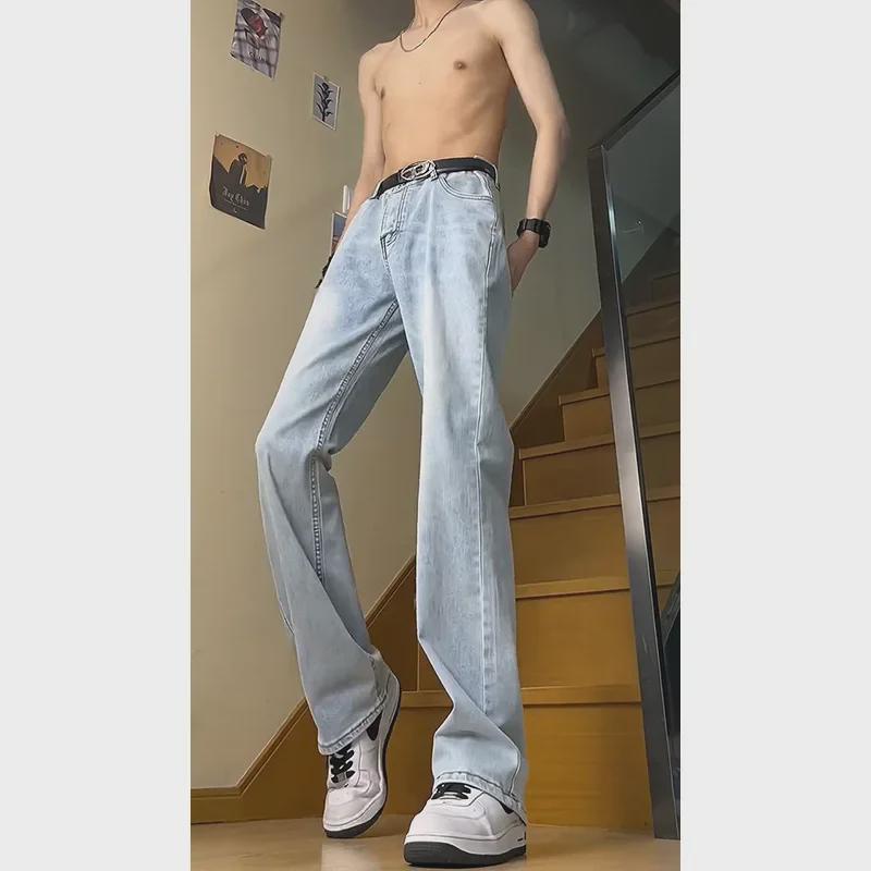 Light Blue Men's Flared Machete Jeans - Versatile American High Street Style, Straight Leg Summer Pants.