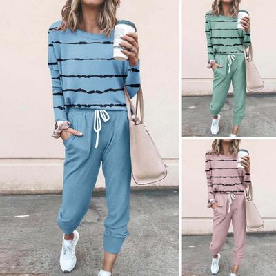Women's Striped Printed Two Piece Outfit Long Sleeve Sweatsuit Jogger Pants Set with Pockets Casual Workout Athletic Tracksuit
