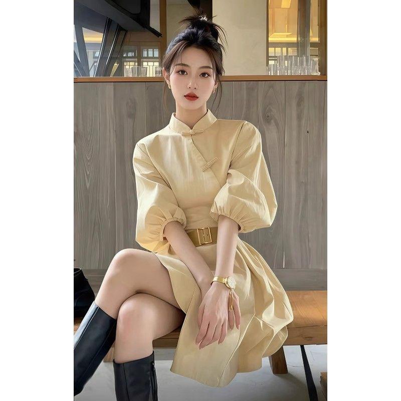 

Women s Chinese National Style Stand-up Collar Shirt Dress, Spring/Summer 2026 Waist-Cinching Skirt. M: 100-110 jin