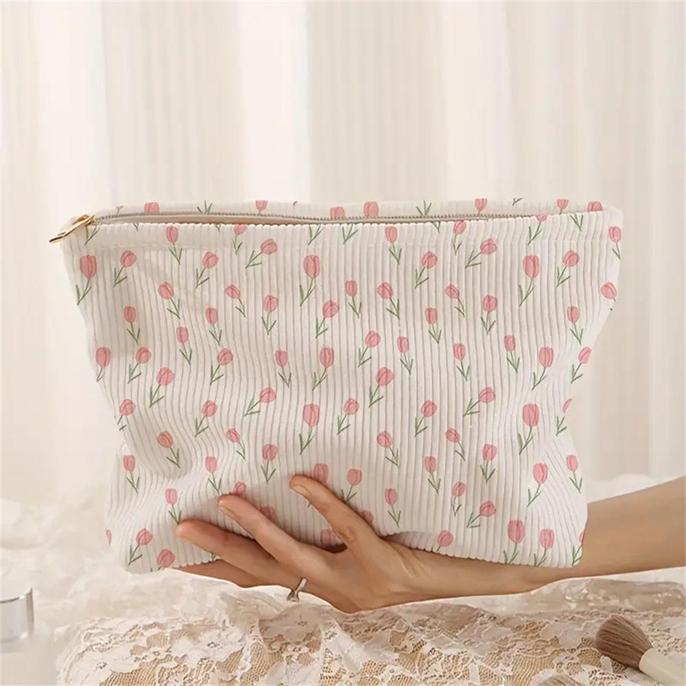 Cute Tulip Cosmetic Bag Gilrs Corduroy Zipper Makeup Organizer Toiletries Storage Pouch Gift Women Travel Portable Make Up Case