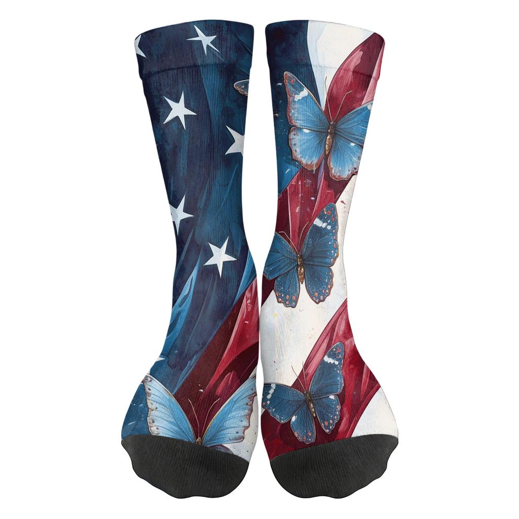 Women Breathable Comfortable Crew Socks Mid Calf Socks with Independence Day Themed Print Soft Stretchy Material for Daily Wear
