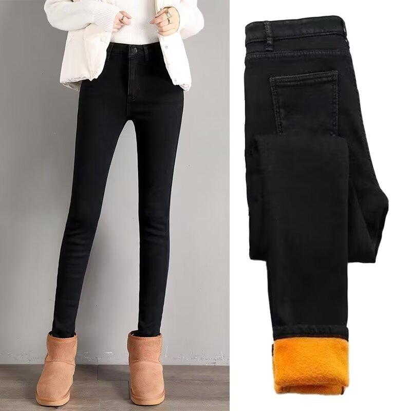 Fleece and thickened jeans women's new winter high-waisted thin elastic outer wear tight pants