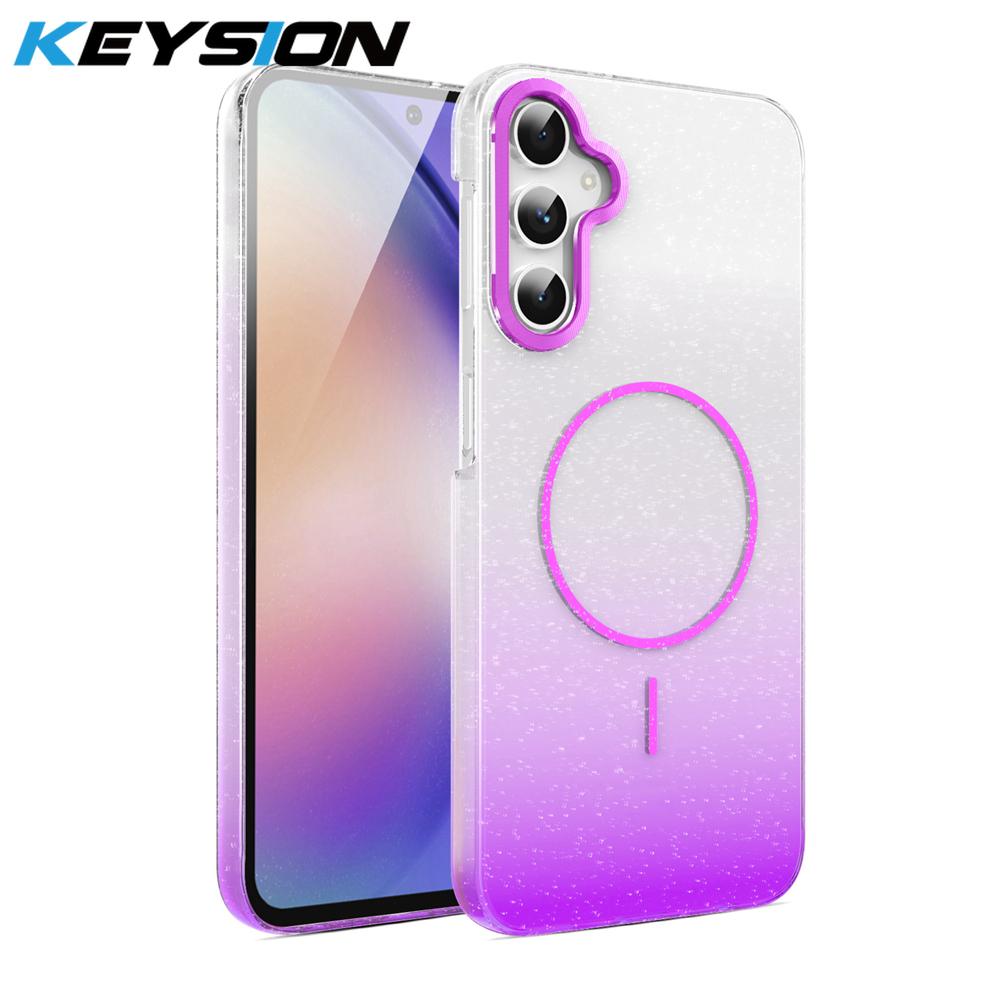

KEYSION Luxury Gradient Glitter Magnetic Phone Case for Samsung Galaxy A54 5G A34 A24 A14 Transparent Hard PC Shockproof Cover for Samsung A14 5G фиолетовый