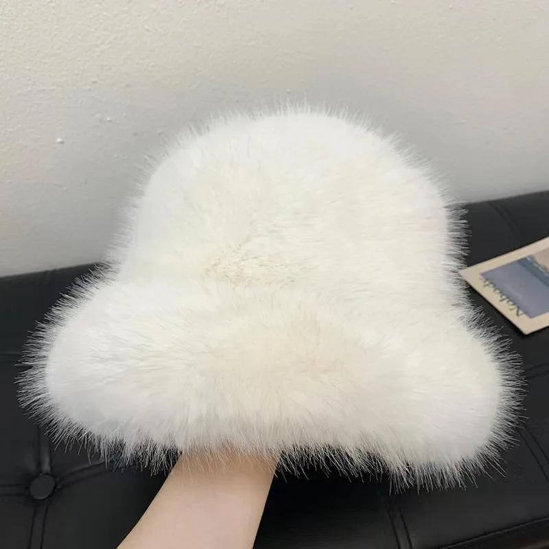 New Autumn Winter Faux Fur Bucket Hat Women'S Wide Brim Solid Color Korean Senior Warm Fisherman Cap Fashion Party Panama Caps