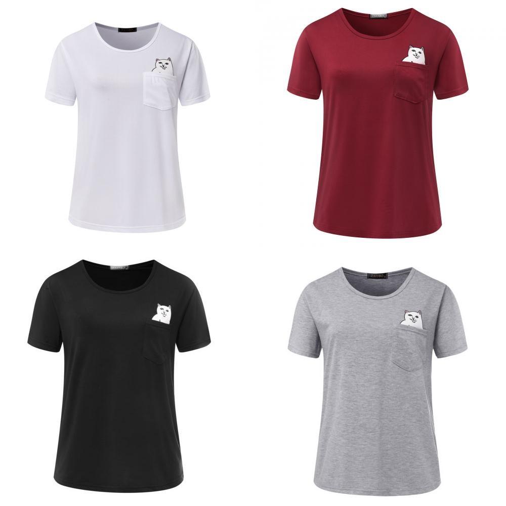 T-shirt Casual in Puro Cotone da Uomo con Stampa Gatto Cartone Animato Estate