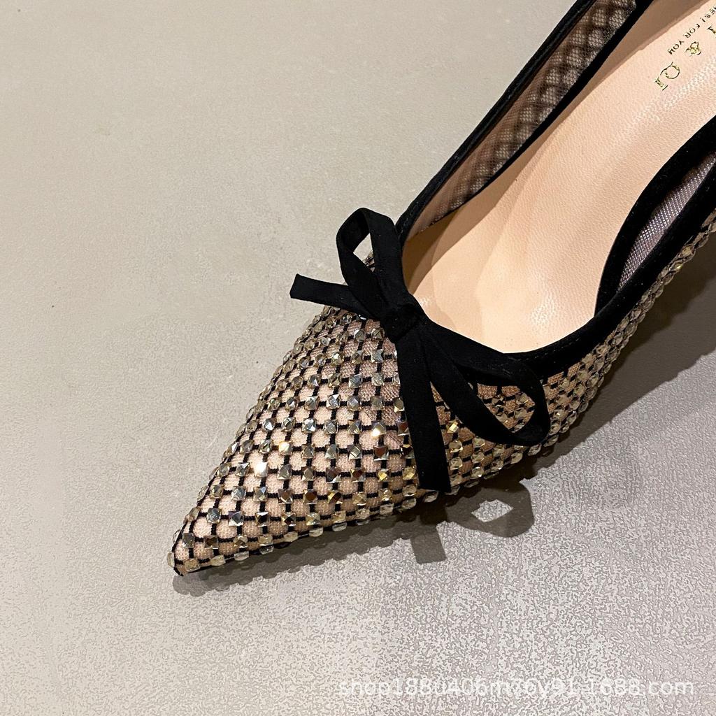 [New] French high heels femininity stiletto niche design bow rhinestone sexy celebrity stiletto