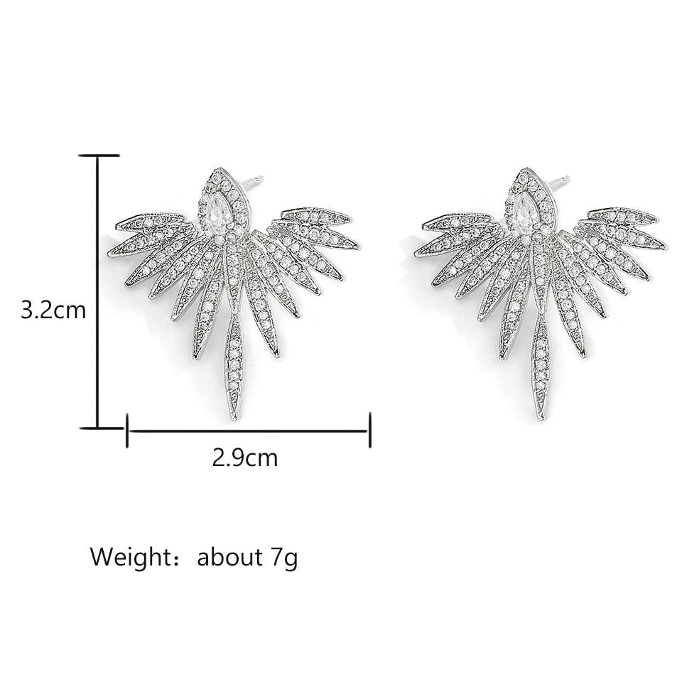Elegant Cubic Zirconia Feather Earrings White Gold Color Crystal Zircon Statement Stud Earring Luxury Wedding Zircon