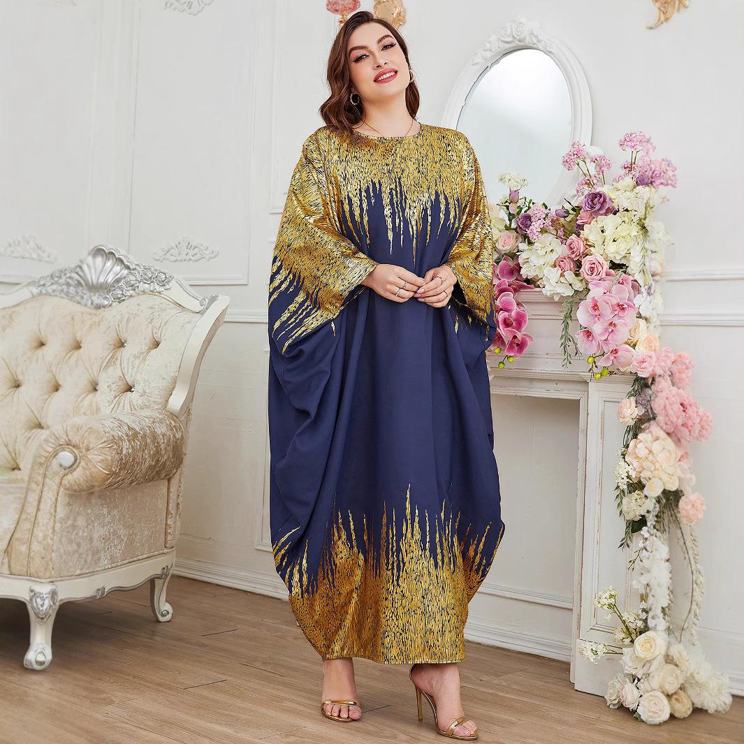 

3057 Мусульманское платье в ближневосточном стиле: Контрастная строчка, свободный рукав летучая мышь, длинный рукав с горячим тиснением One Size темно-синий