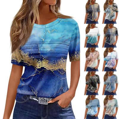 Women's Pleated Round Neck  Print Short Sleeve T-Shirt Hem Slit Top