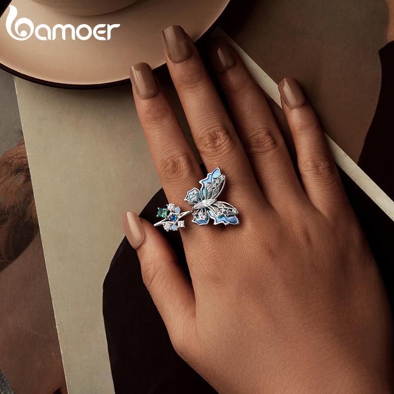 BAMOER White Gold Plated Ice & Snow Butterfly Ring with Blue Enamel, Adjustable Statement Ring for Women Unique Original Design