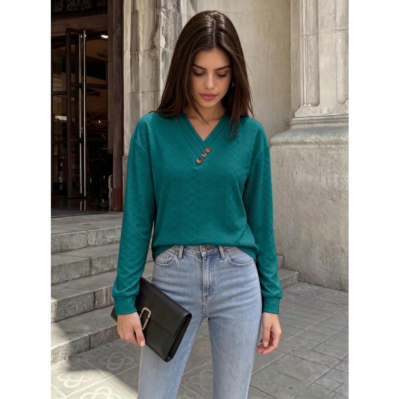 Solid Color V Neck Button Decor Loose Long Sleeve Casual T Shirt Top