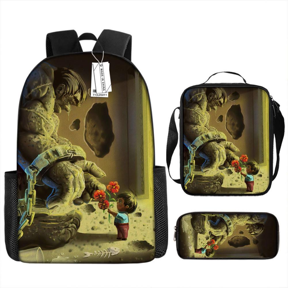 Children Backpack Three Piece Set With The Avengers Hulk Print Design For School Use