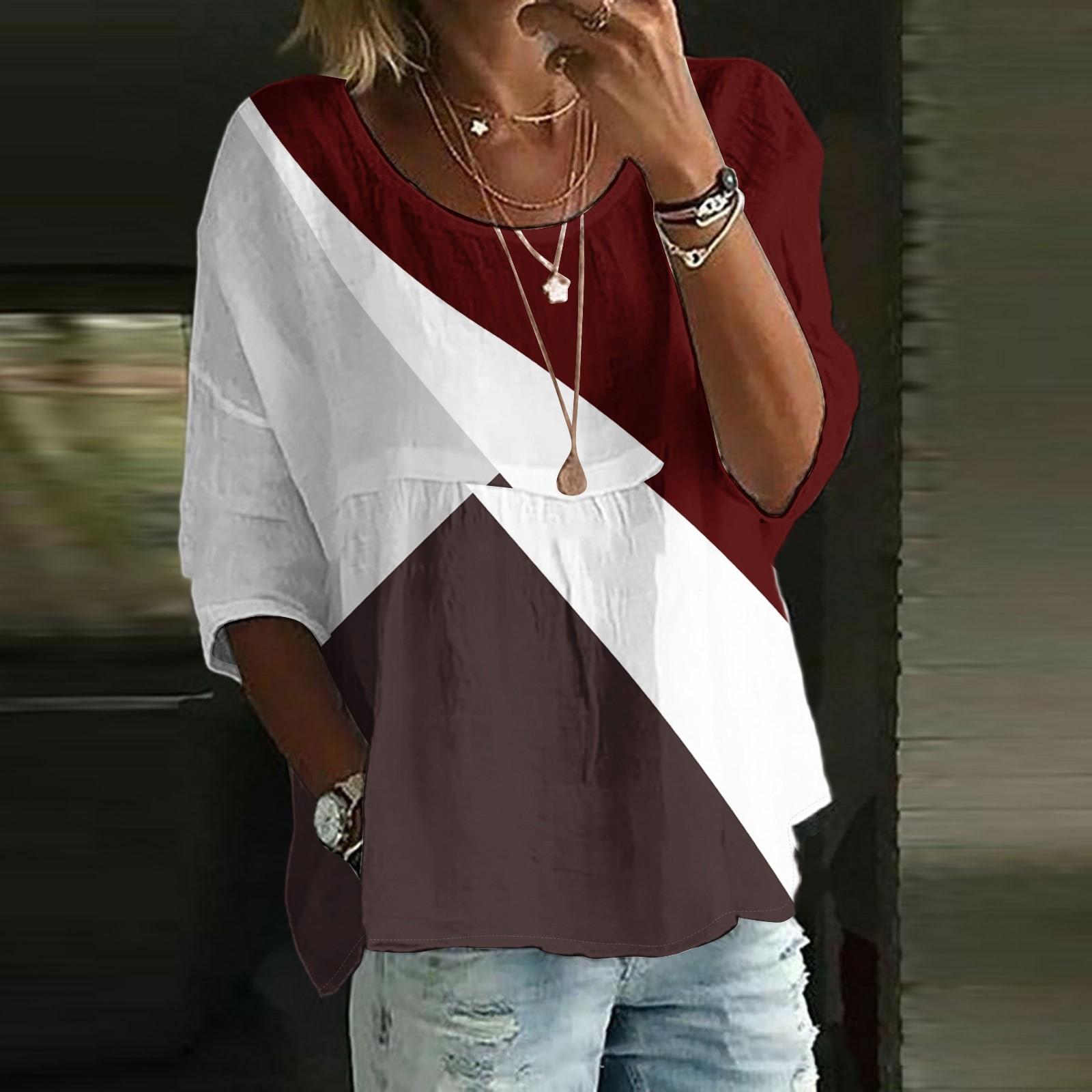 

Льняные рубашки для женщин с рукавом 3/4 на пуговицах с круглым вырезом летние топы нарядные повседневные милые рубашки XL винный