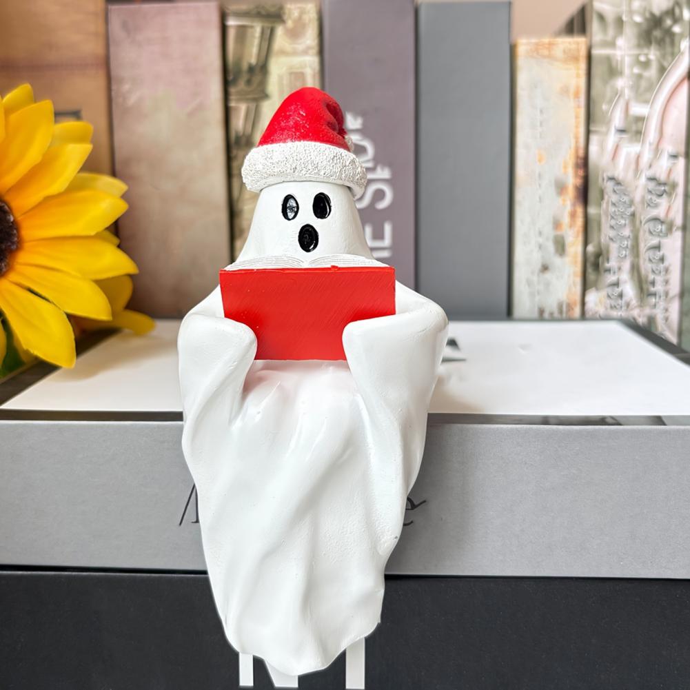 Resin Ghost Ornament Festive Halloween Ghost Statue with Christmas Hat Book Resin Figurine Sculpture for Holiday Party Desktop