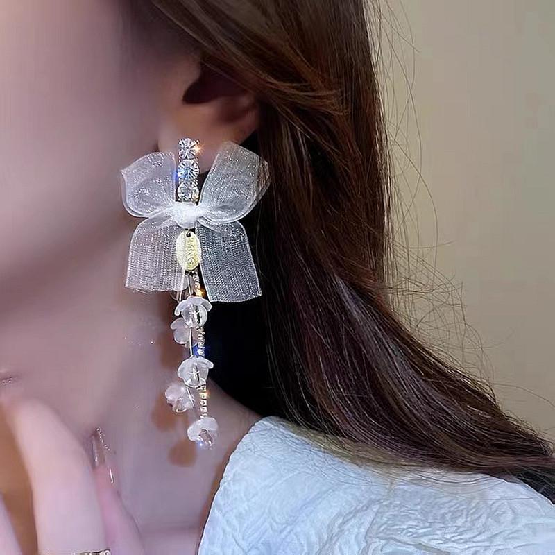 Exquisite Rhinestone Tassel Bow Earrings - Silver Mesh Needle Studs with Fairy Design